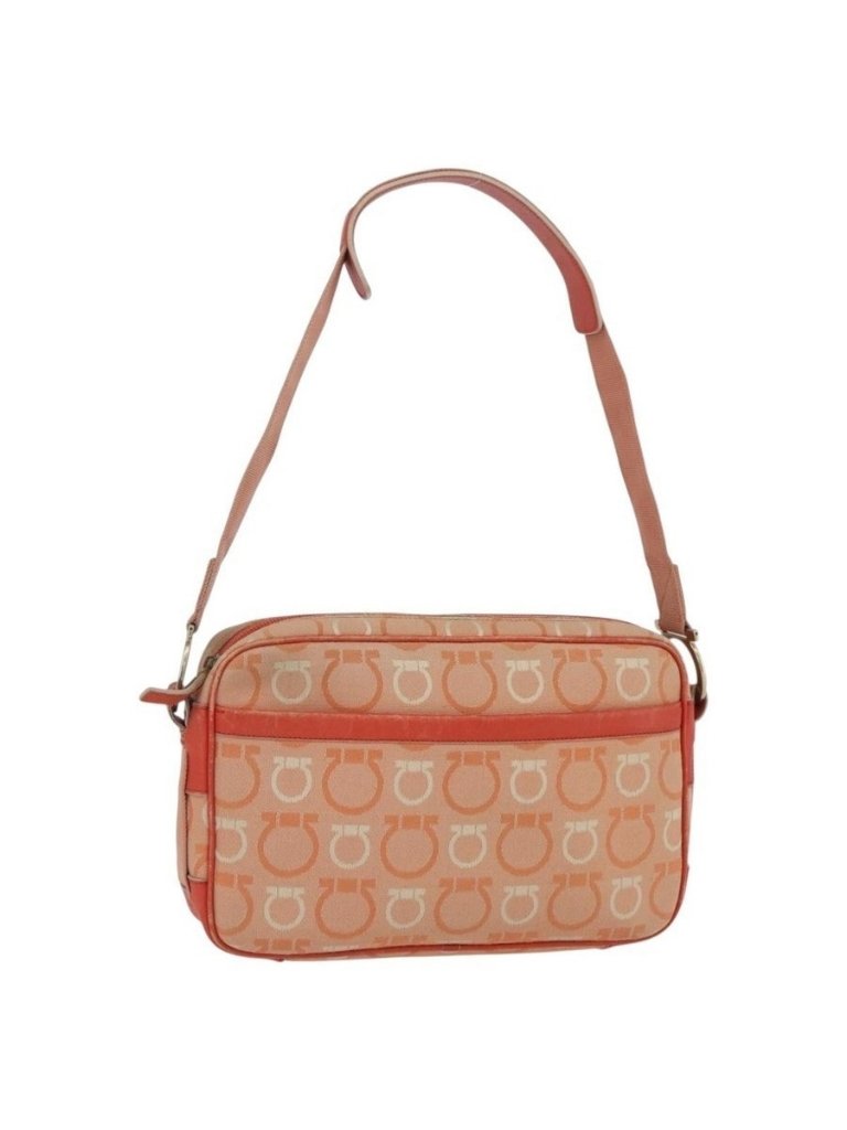 Authentic Salvatore Ferragamo Gancini Shoulder Bag Canvas Orange Gold
